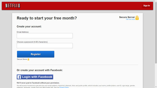 Page d'inscription à Netflix avec Getflix